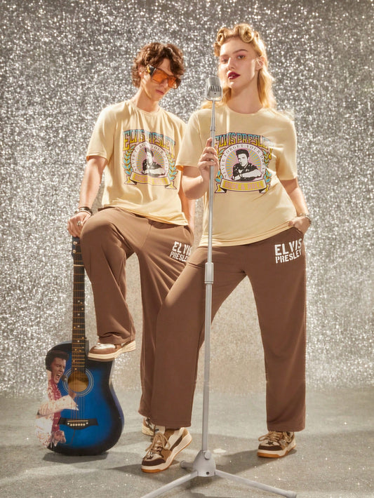 Elvis Presley Unisex 1pc Character And Letter Printed T-Shirt And 1pc Long Pants Set