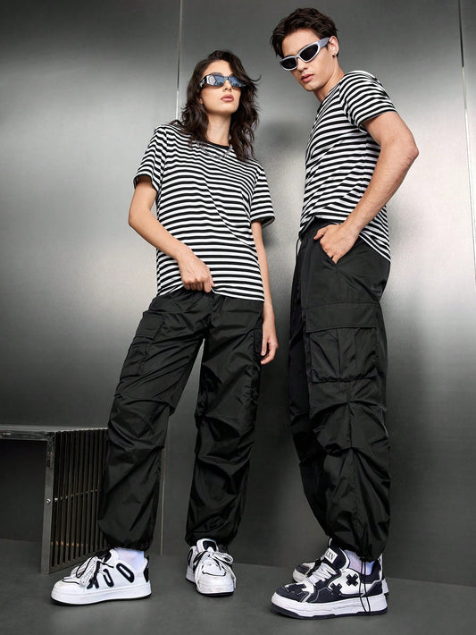 Casual Knitted Striped T-shirt And Workwear Pocketed Pants Two Piece Set